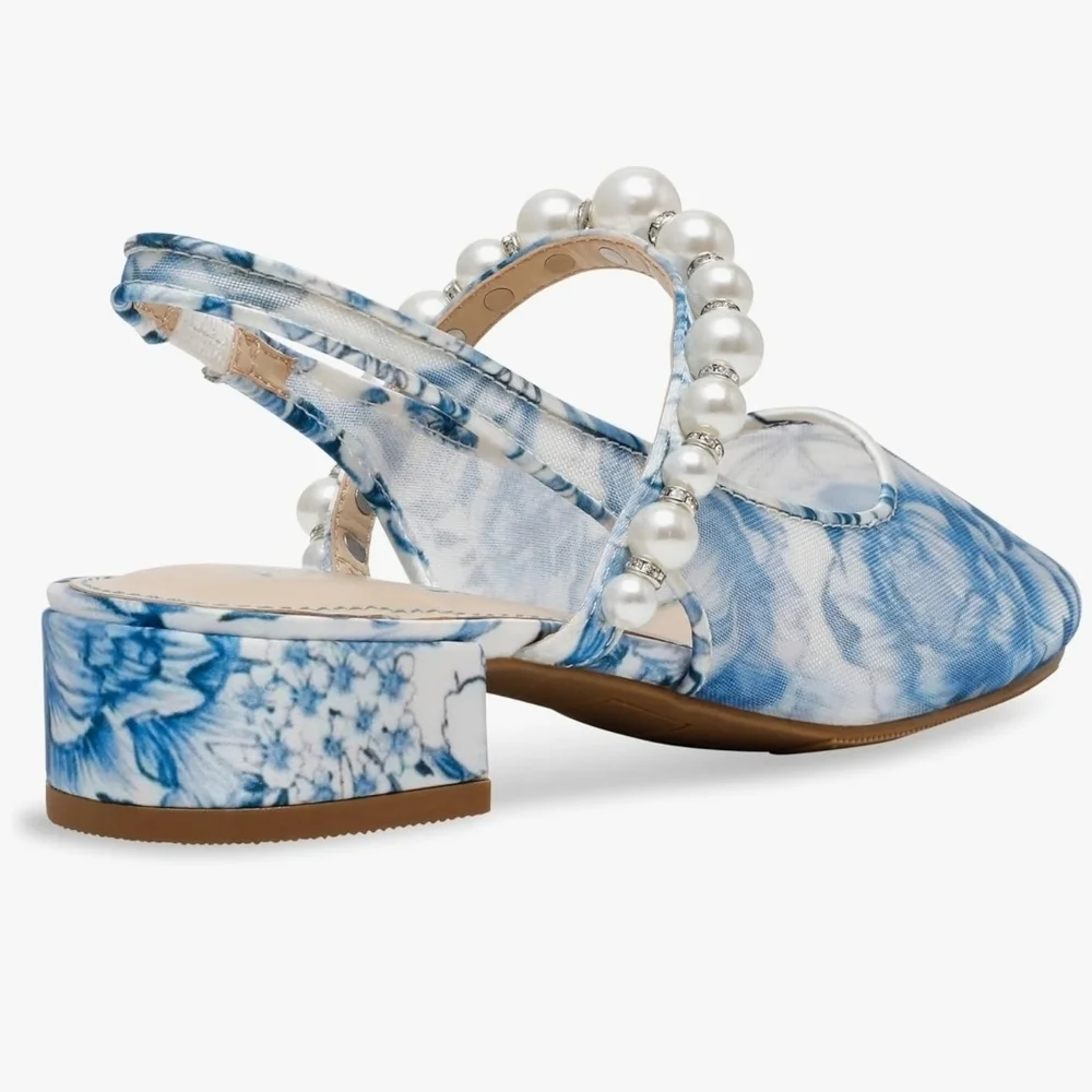 NWT Betsey Johnson Blue Marble Pearl-Strap Slingback Flats - Picture 4 of 8